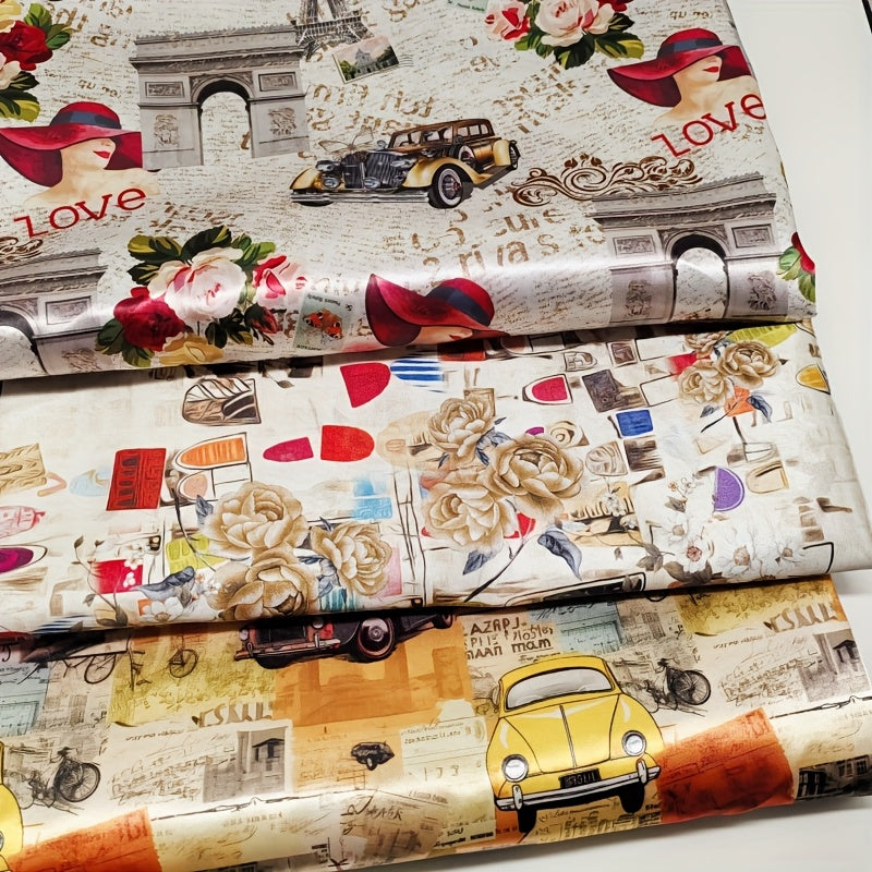 Satin Fabric Precuts Digital Print Retro Car Architecture