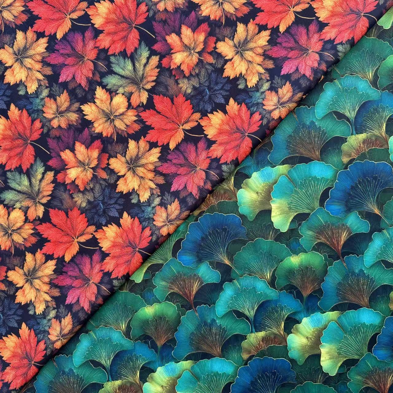 Leaf Themed Printed Fabric With Dark Maple Leaves Pattern
