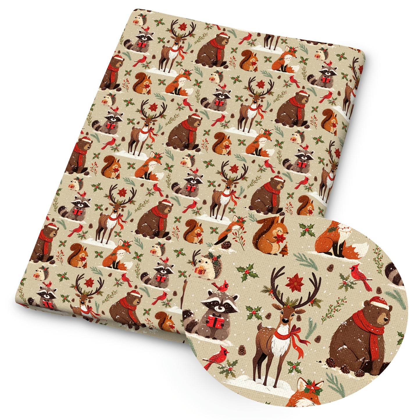 Christmas Quilt Fabric Polyester Forest Animals Santa