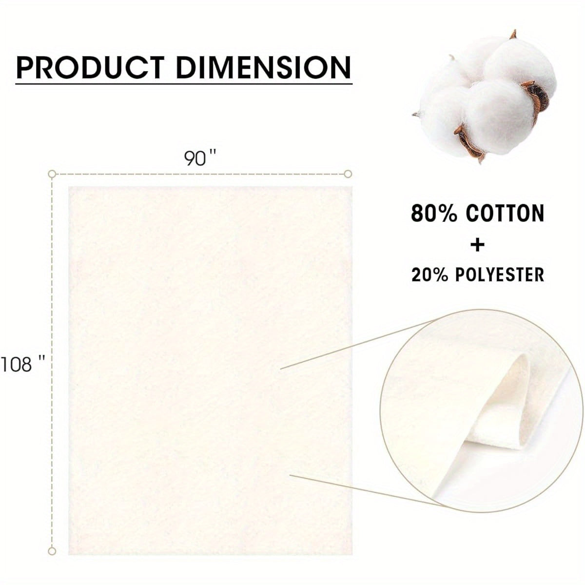 Extra Large Queen Size (59x79 Inches) Natural Cotton Batting - Extra Wide & Long Warm Soft Insulating Quilt Filling for Bedspread, Craft, Quilting - Beige/White//Black - Ideal for Modern & Traditional Bedding - Sewing & Knitt