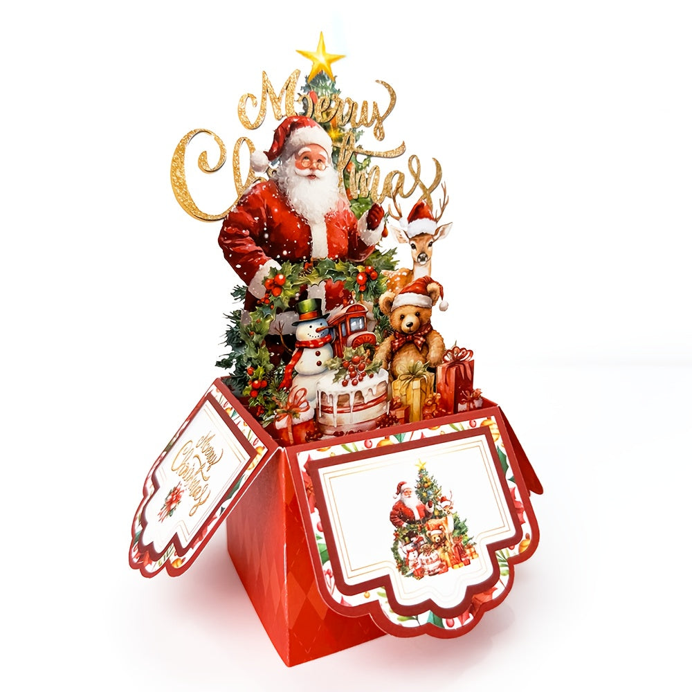Vintage Pop Up Christmas Card With Santa Reindeer 3D