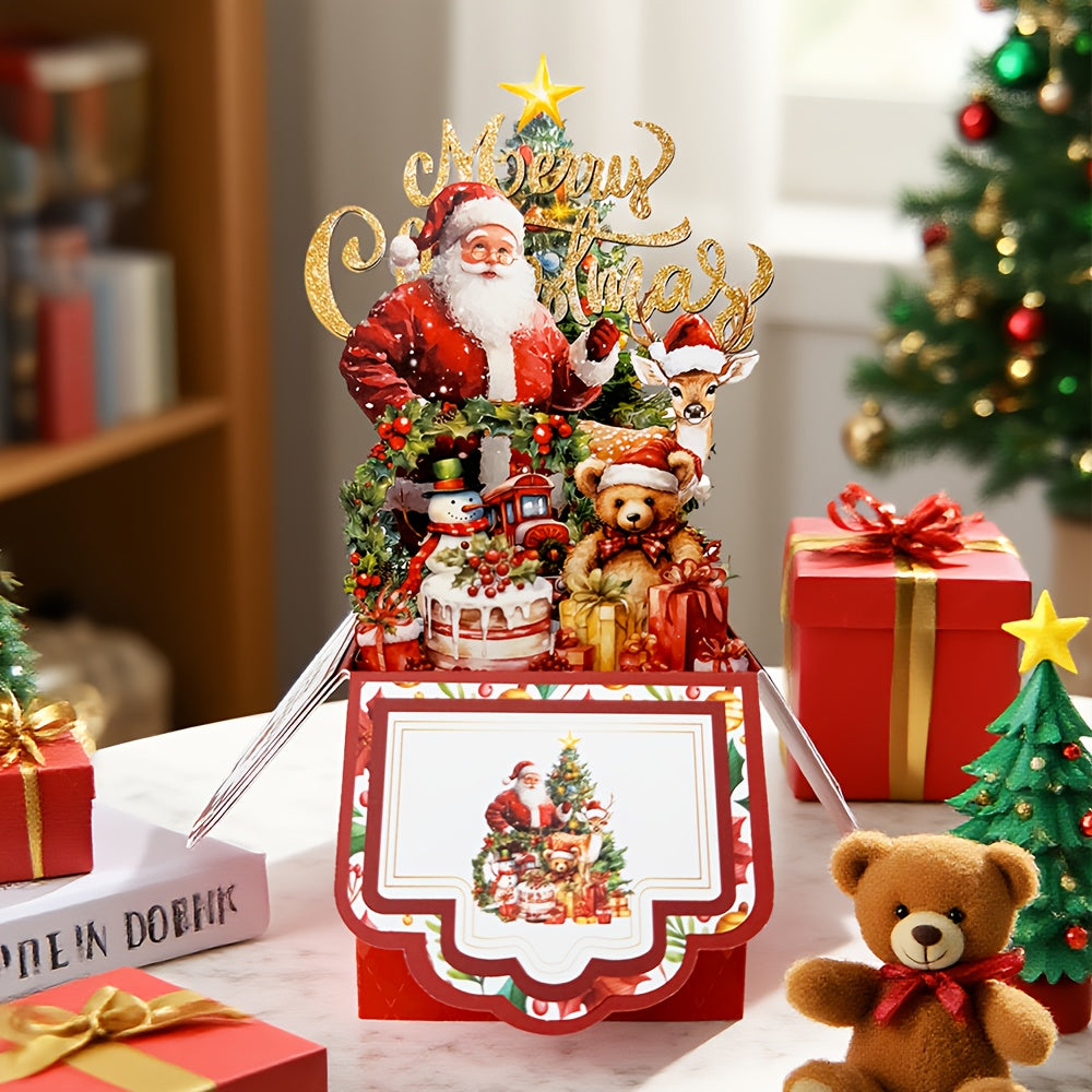 Vintage Pop Up Christmas Card With Santa Reindeer 3D