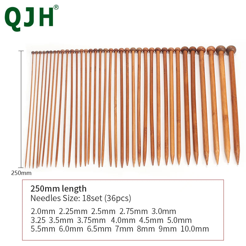 QJH brand New 36Pcs /Set 18sizes Carbonized Bamboo Knitting Needles Single Pointed Smooth Crochet tool sets 2.0mm-10.0mm 36cm