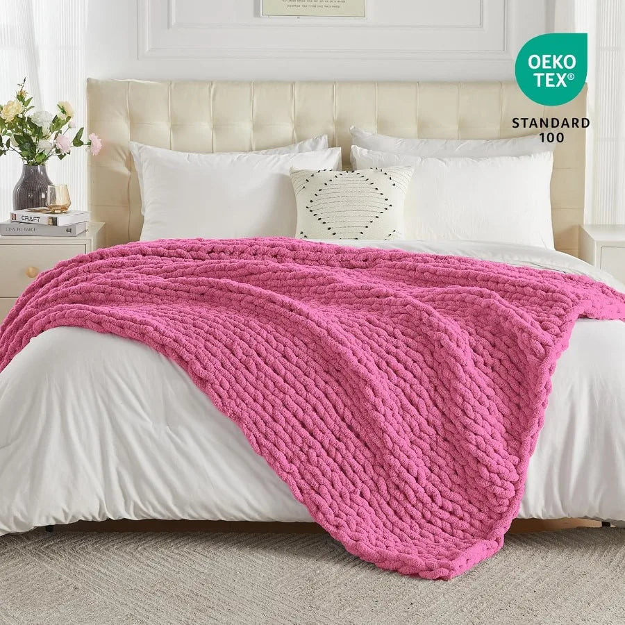 Chunky Knit Throw Blanket Chenille Soft Handcrafted Cozy