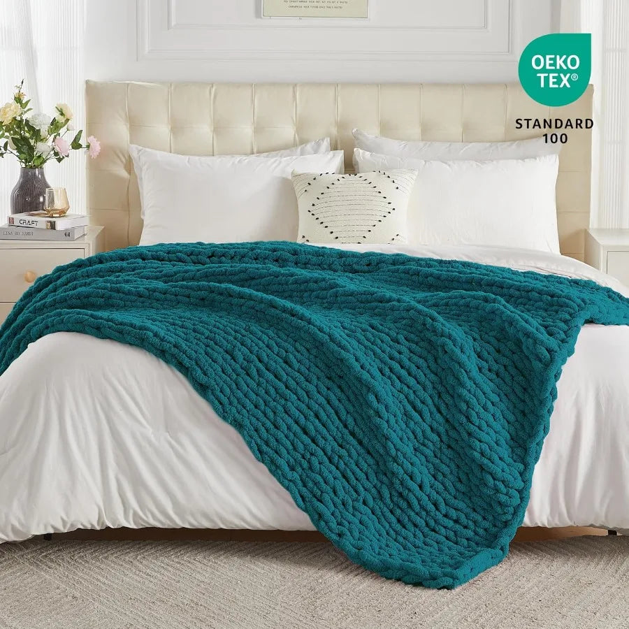 Chunky Knit Throw Blanket Handcrafted Chenille Soft Fluffy