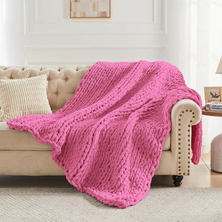 Chunky Knit Throw Blanket Chenille Soft Handcrafted Cozy