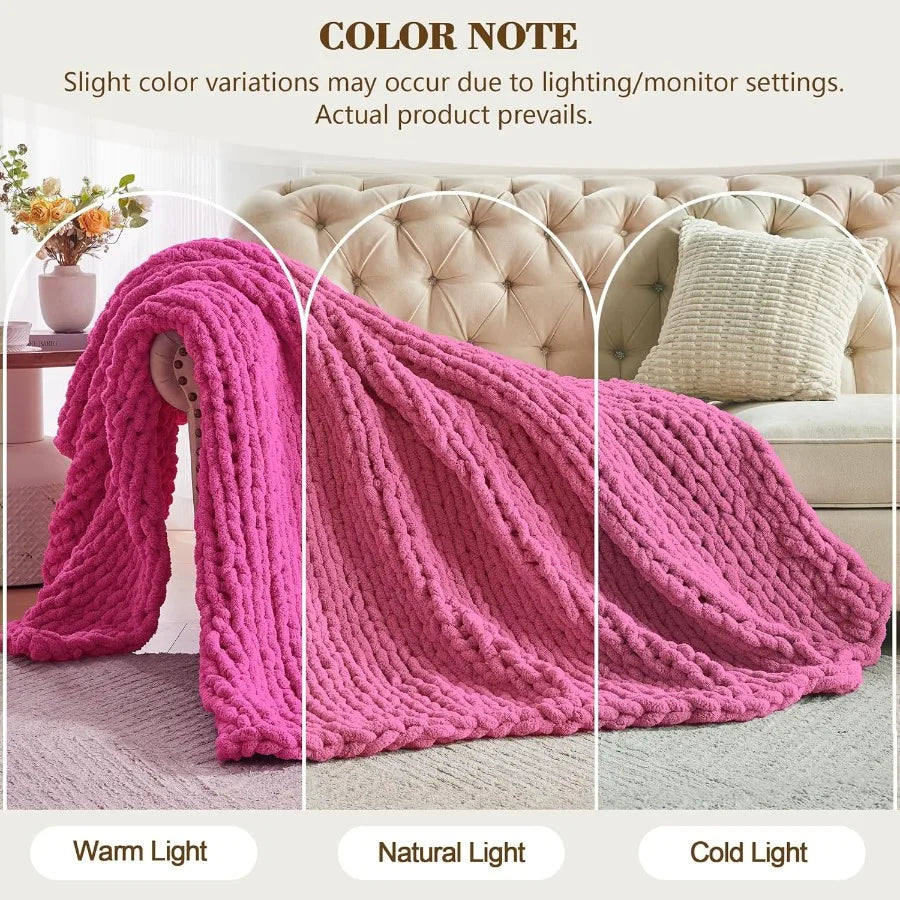 Chunky Knit Throw Blanket Chenille Soft Handcrafted Cozy