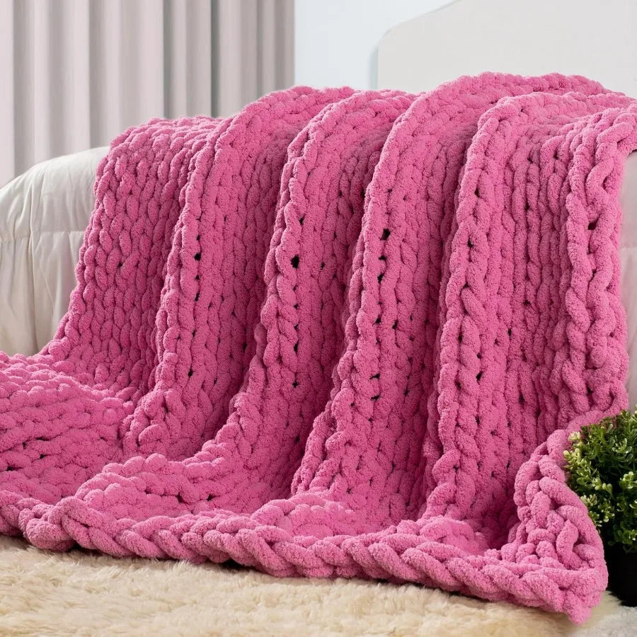 Chunky Knit Throw Blanket Chenille Soft Handcrafted Cozy