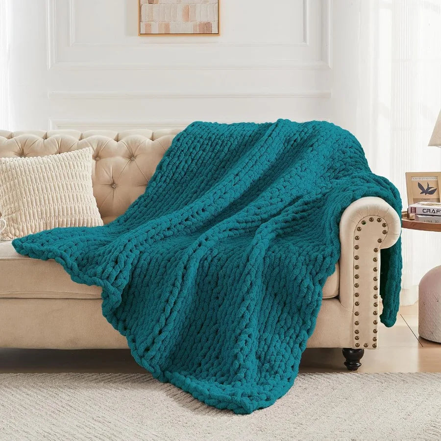 Chunky Knit Throw Blanket Handcrafted Chenille Soft Fluffy