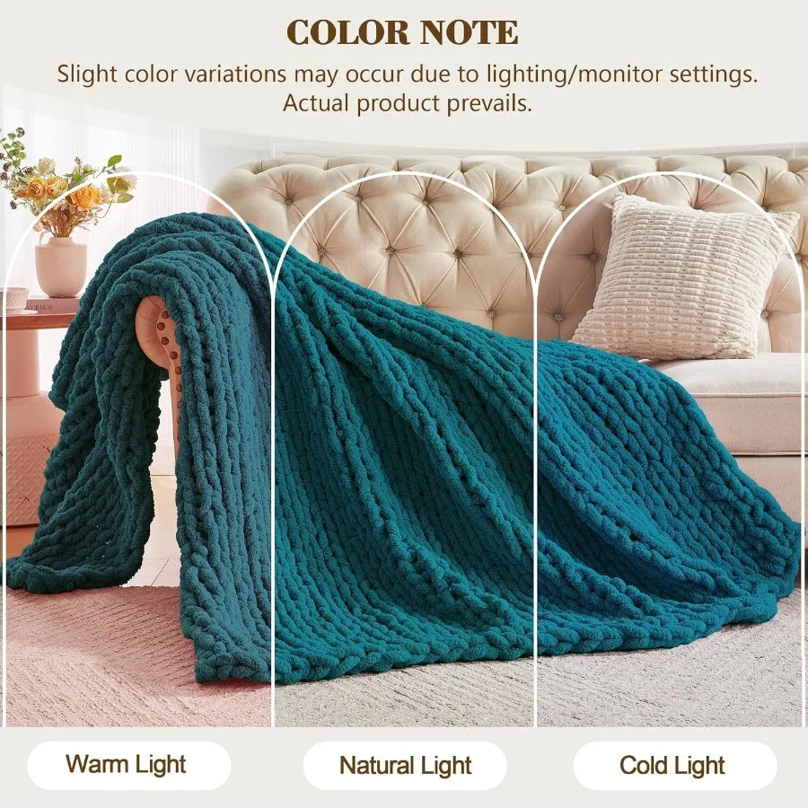 Chunky Knit Throw Blanket Handcrafted Chenille Soft Fluffy