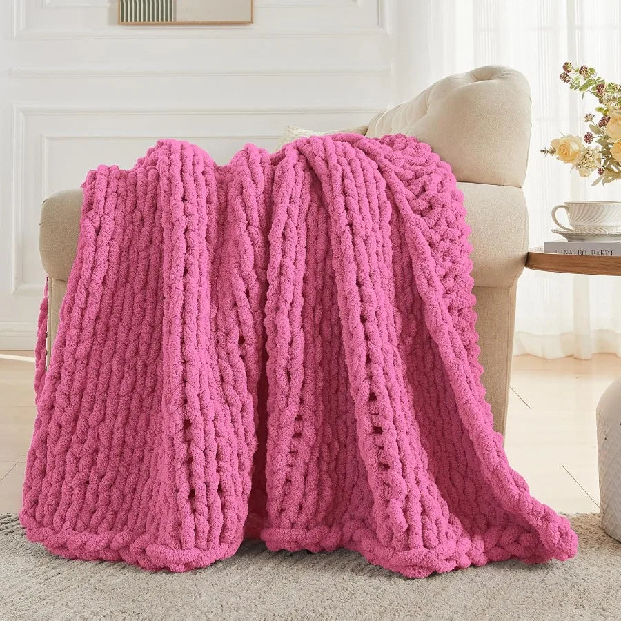 Chunky Knit Throw Blanket Chenille Soft Handcrafted Cozy