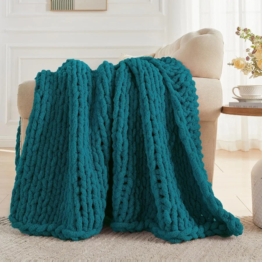 Chunky Knit Throw Blanket Handcrafted Chenille Soft Fluffy
