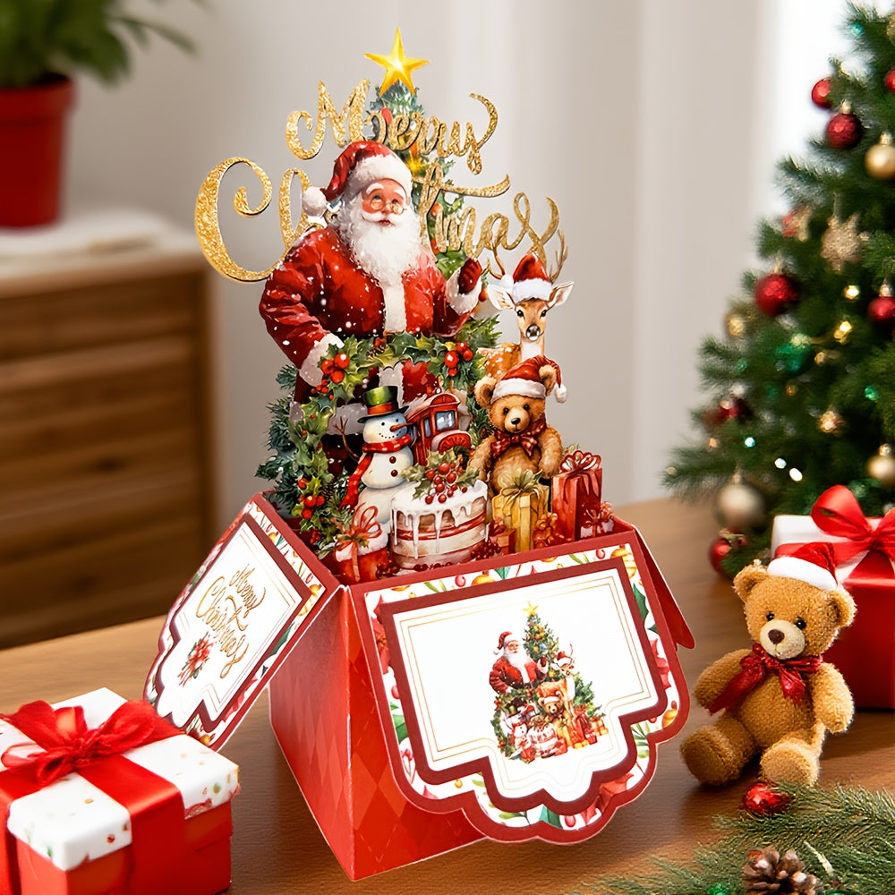 Vintage Pop Up Christmas Card With Santa Reindeer 3D