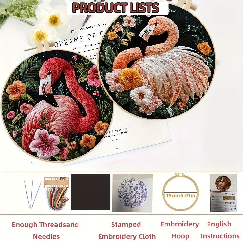 Flamingo and Flower Embroidery Kit for Adults and Beginners