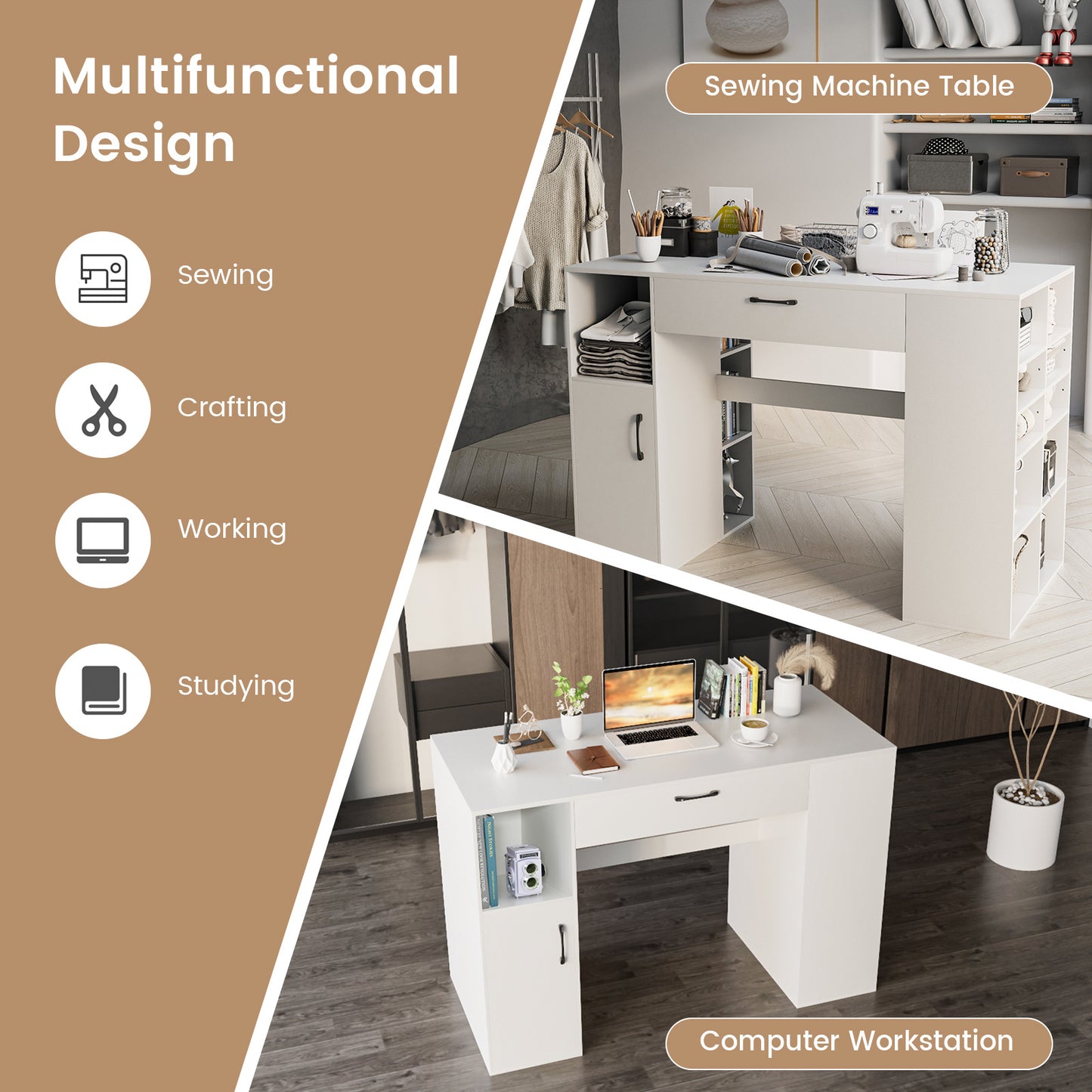 COSTWAY Sewing Table With Storage And Adjustable Height