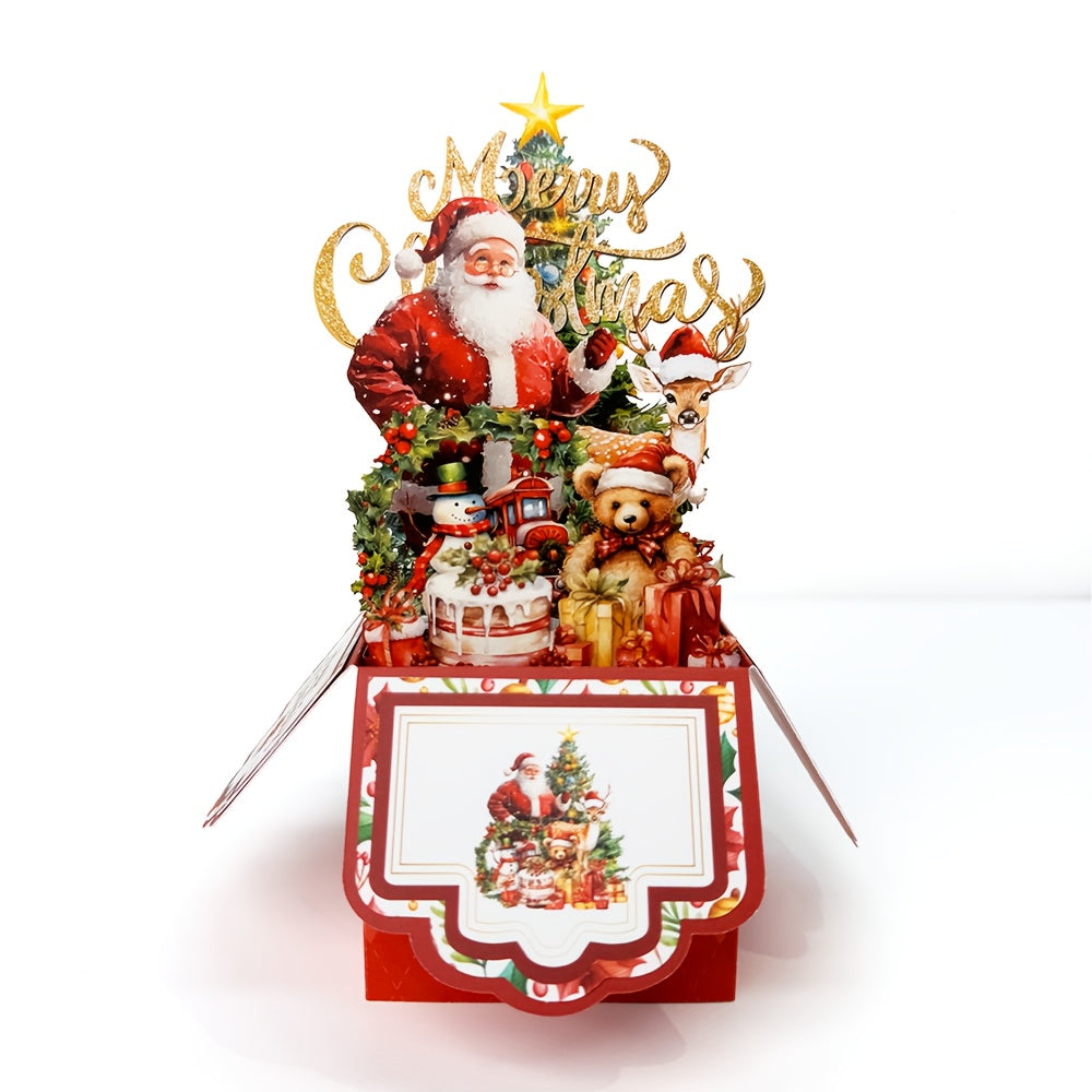 Vintage Pop Up Christmas Card With Santa Reindeer 3D