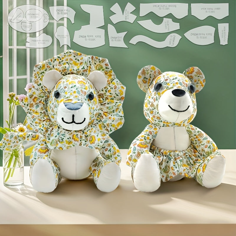 13pcs Lion & Bear Dual-Purpose Sewing Templates - Transparent PET Plastic Stencils for DIY Doll Making, Handmade Crafts, Birthday & Holiday Gifts with English Instructions, Floral Patterns, Precise Cutting, Craft Supplies, Gi