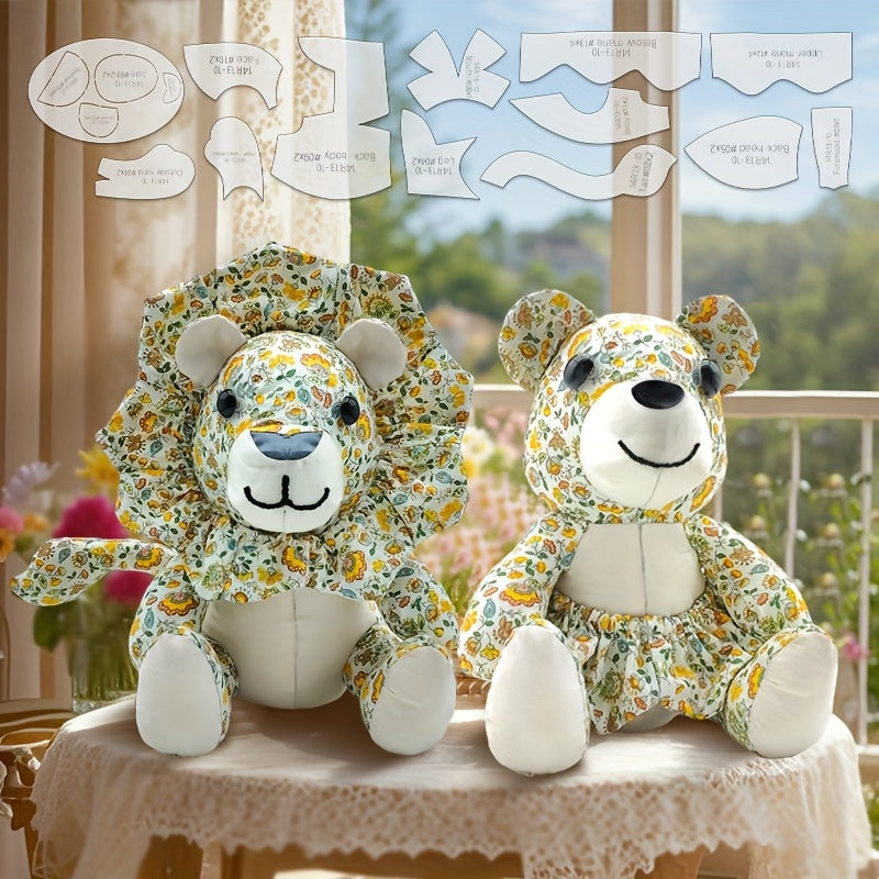 13pcs Lion & Bear Dual-Purpose Sewing Templates - Transparent PET Plastic Stencils for DIY Doll Making, Handmade Crafts, Birthday & Holiday Gifts with English Instructions, Floral Patterns, Precise Cutting, Craft Supplies, Gi
