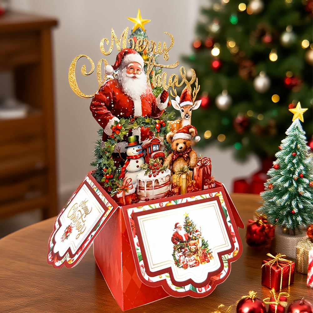 Vintage Pop Up Christmas Card With Santa Reindeer 3D