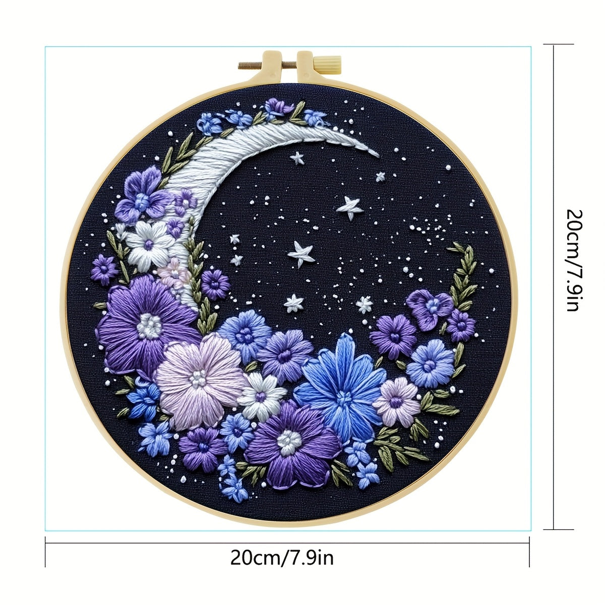 1pc Embroidery Kit, 20x20cm/7.9x7.9 Inches Moonflower Pattern Handmade Embroidery Kit for Adults and Beginners, Includes Fabric, Manual, Frame & Needle, Office Handmade Artwork