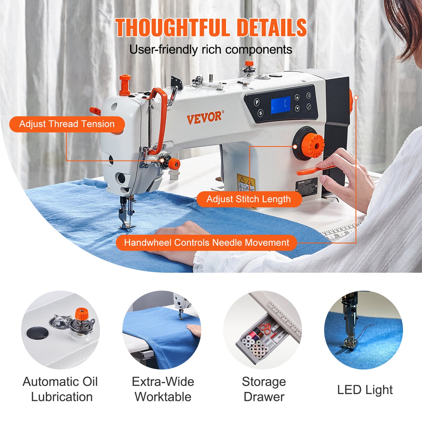 VEVOR Industrial Lockstitch Sewing Machine 550W Servo