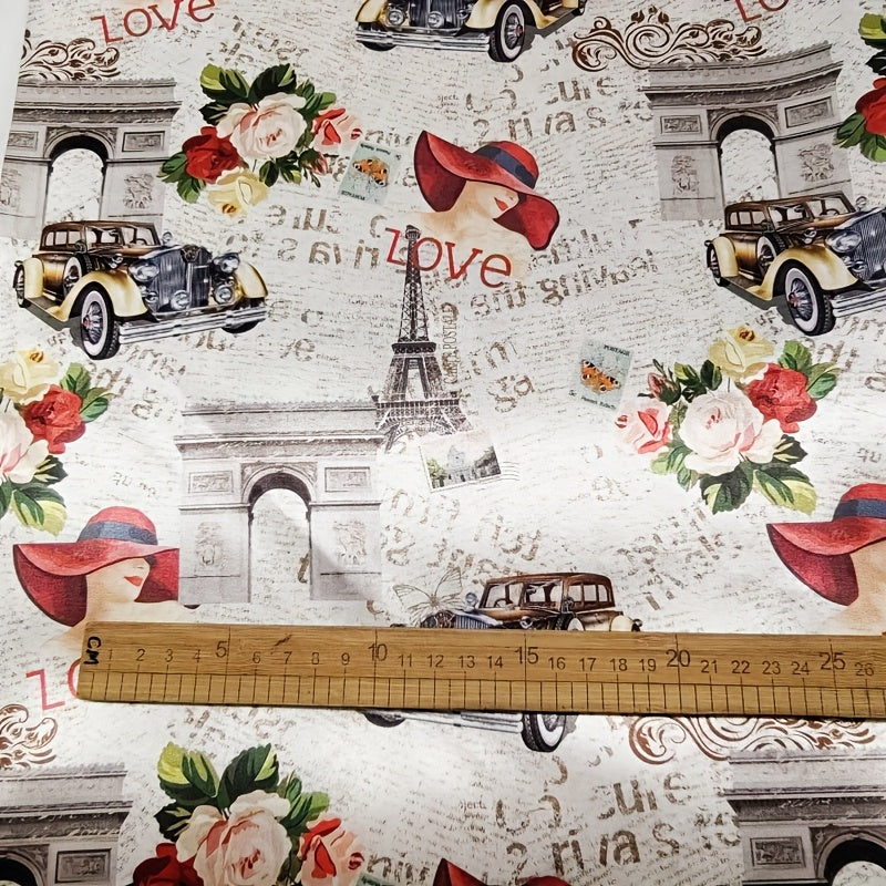 Precut Satin Fabric Digital Print Vintage Car Architecture