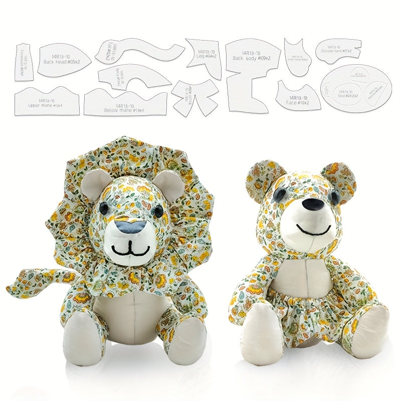 13pcs Lion & Bear Dual-Purpose Sewing Templates - Transparent PET Plastic Stencils for DIY Doll Making, Handmade Crafts, Birthday & Holiday Gifts with English Instructions, Floral Patterns, Precise Cutting, Craft Supplies, Gi