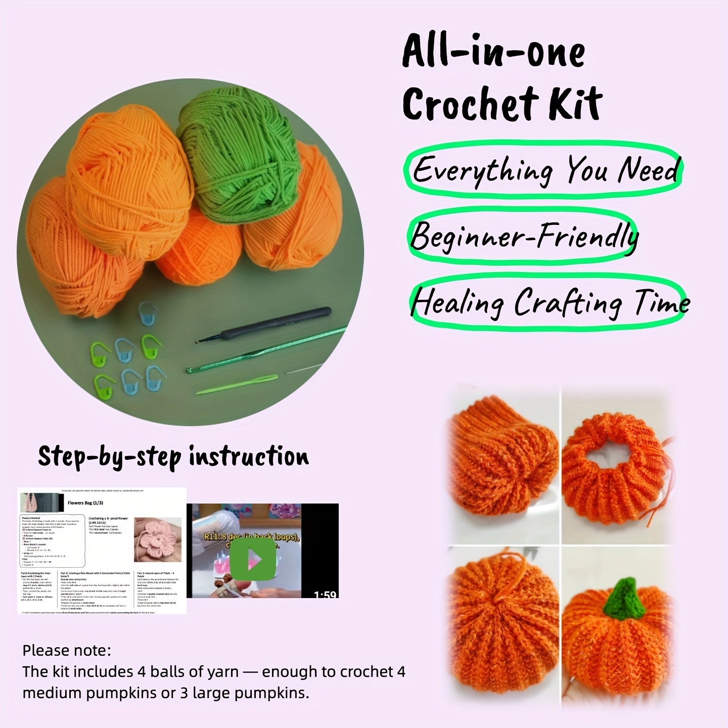 Pumpkin Crochet DIY Kit Yarn Stuffing Hook Craft Set