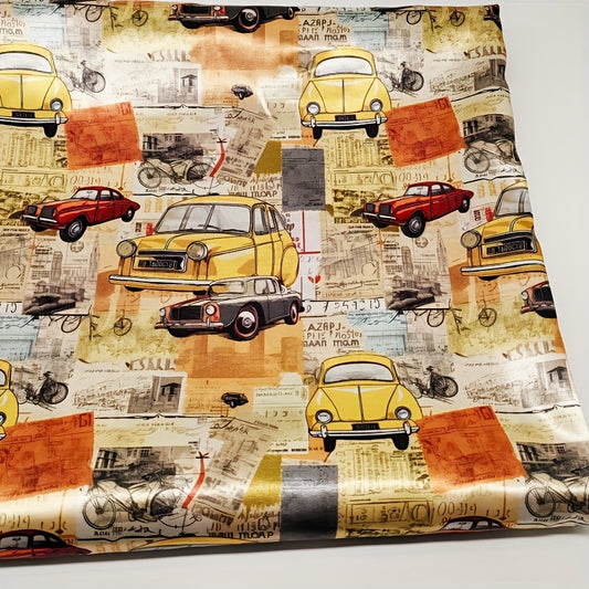 Satin Fabric Precuts Digital Print Retro Car Architecture