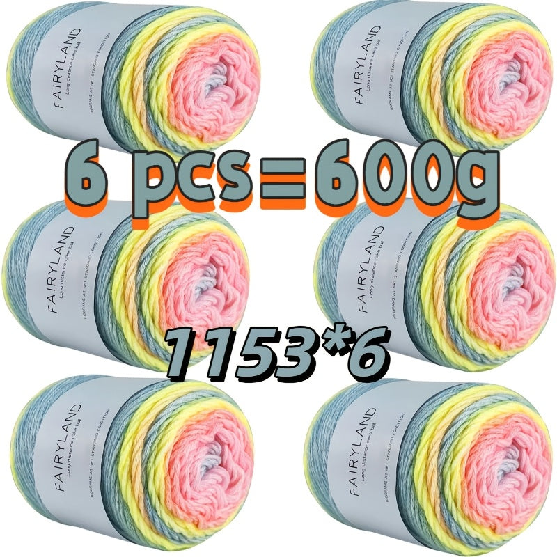 Gradient Rainbow Wool Polyester Cake Yarn Kit 600g Handmade