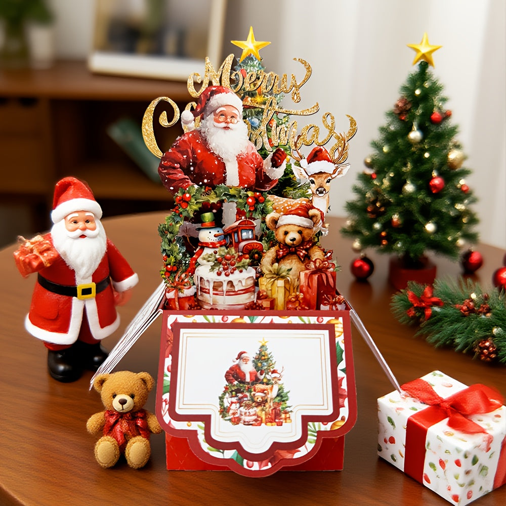 Vintage Pop Up Christmas Card With Santa Reindeer 3D