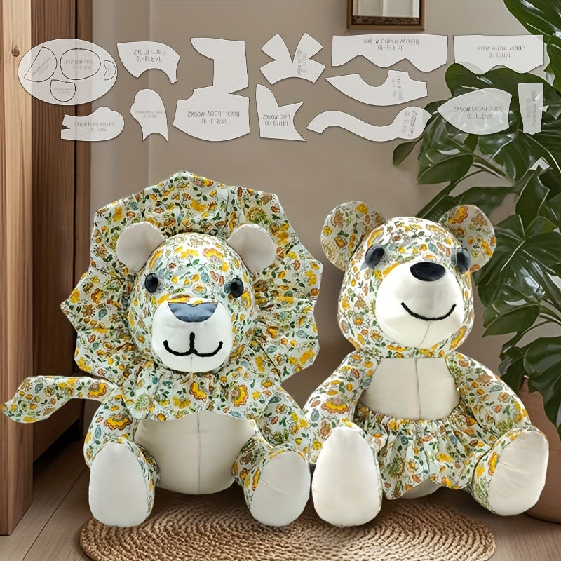 13pcs Lion & Bear Dual-Purpose Sewing Templates - Transparent PET Plastic Stencils for DIY Doll Making, Handmade Crafts, Birthday & Holiday Gifts with English Instructions, Floral Patterns, Precise Cutting, Craft Supplies, Gi