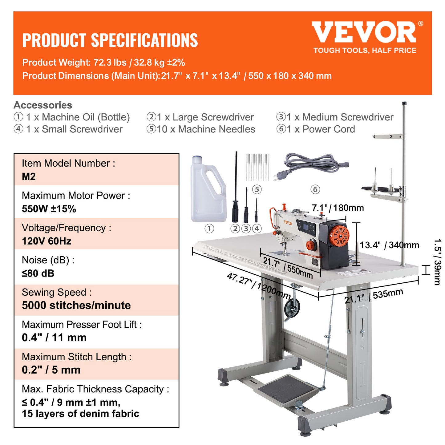 VEVOR Industrial Lockstitch Sewing Machine 550W Servo