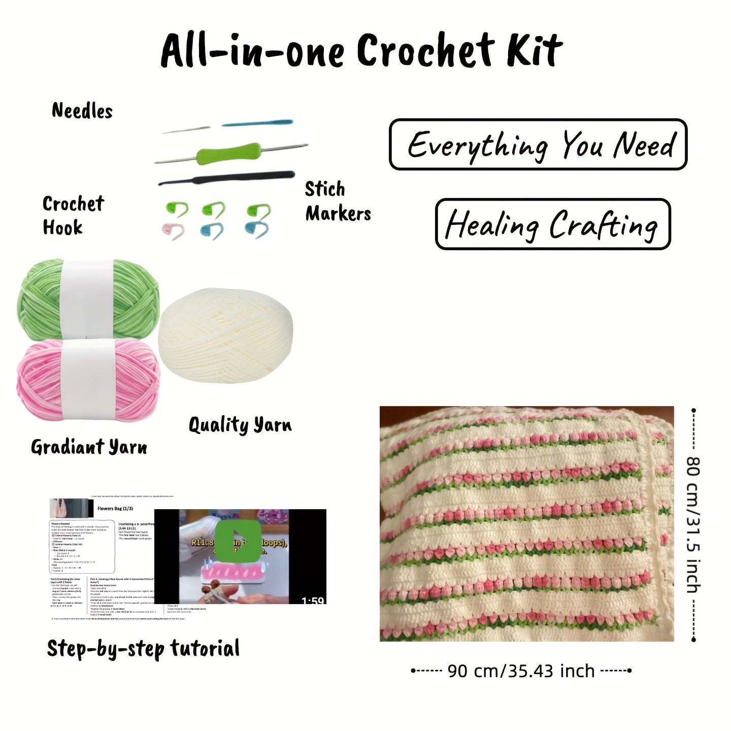 Tulip Blossom Crochet Blanket Kit | Gradient Acrylic Yarn, Double-Sided Use, Ideal for All Seasons, Includes All Materials & Video Guide, Perfect Cozy Winter Companion