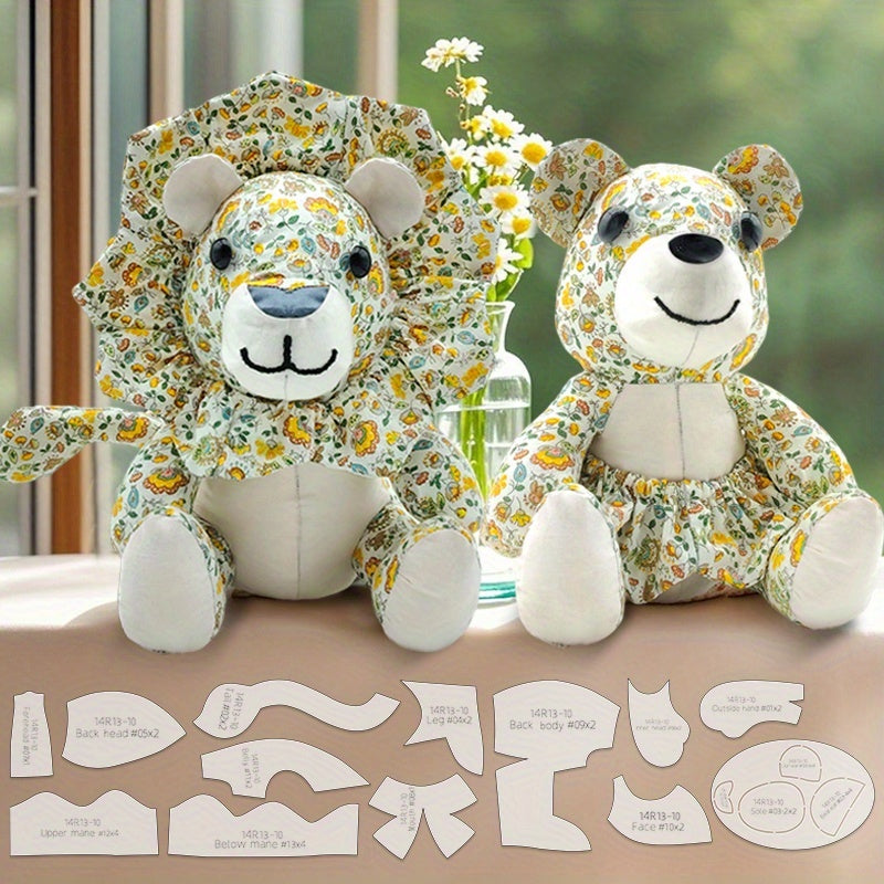 13pcs Lion & Bear Dual-Purpose Sewing Templates - Transparent PET Plastic Stencils for DIY Doll Making, Handmade Crafts, Birthday & Holiday Gifts with English Instructions, Floral Patterns, Precise Cutting, Craft Supplies, Gi