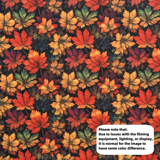 Leaf Themed Printed Fabric With Dark Maple Leaves Pattern