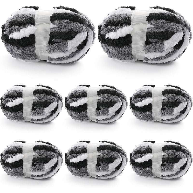 8pcs Chunky Chenille Yarn - Super Bulky Fluffy Yarn for Hand Knitting & Crocheting, 227 Yds per Skein (61.6oz Total), Soft Warm Winter Knitting Yarn for Blankets, Hats, Scarves - Black, White, Grey - Easy-Clean Durable Craft
