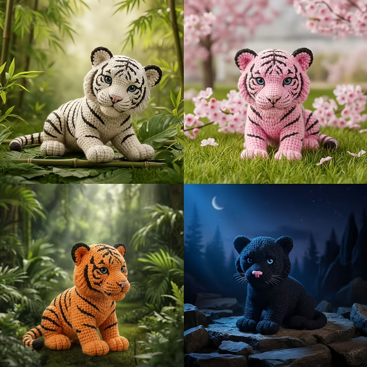1 Set of Challenging Amigurumi White Tiger and Rare Black Tiger Crochet Patterns, Suitable for Those with Crochet Basics, Four Colors to Choose From