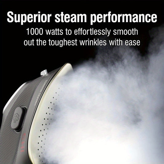 1000W XL Portable Mini Steam Iron with Titanium Ceramic Soleplate, 3-Way Auto Shut-Off, 10 Cord, Digital Display & Adjustable Temperature Control - Compact Travel Design for Clothes, Sewing, Crafting - Black, Portable Steam I