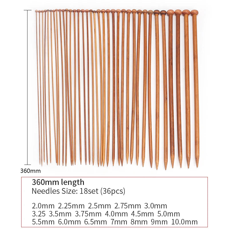 QJH brand New 36Pcs /Set 18sizes Carbonized Bamboo Knitting Needles Single Pointed Smooth Crochet tool sets 2.0mm-10.0mm 36cm