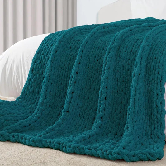 Chunky Knit Throw Blanket Handcrafted Chenille Soft Fluffy
