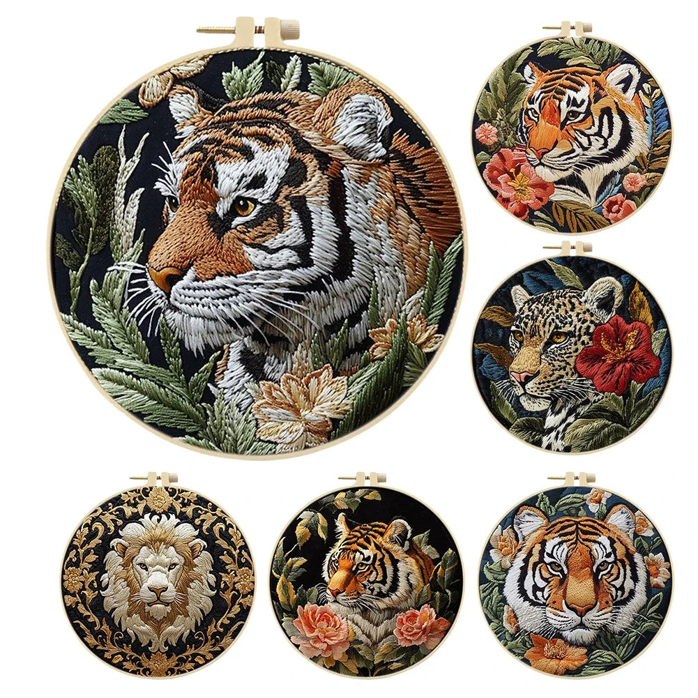 Alloet Tiger Stamped Cross Stitch Kit With Hoop Thread