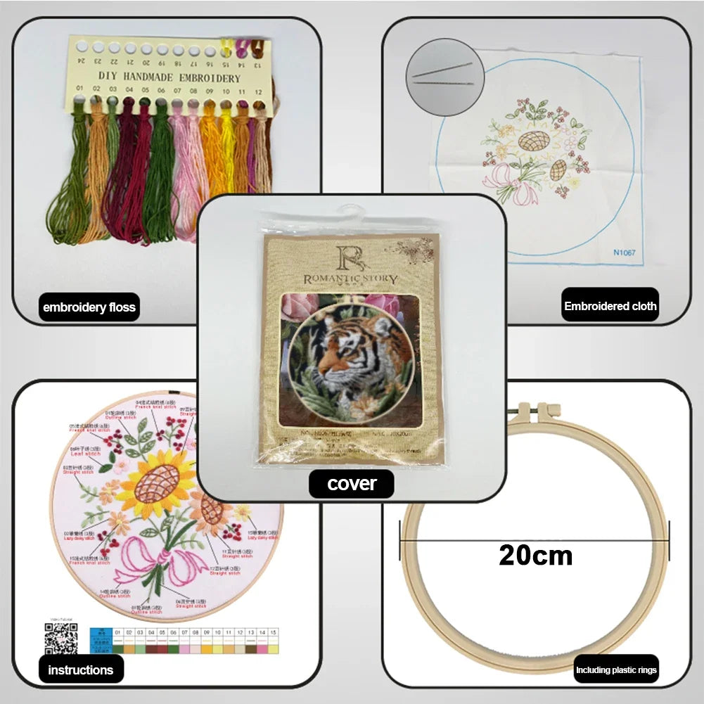 Alloet Tiger Stamped Cross Stitch Kit With Hoop Thread