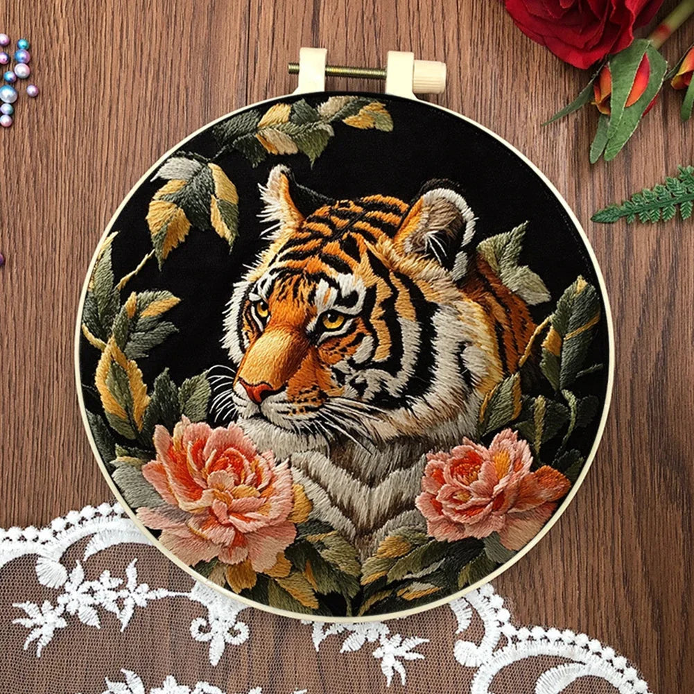 Alloet Tiger Stamped Cross Stitch Kit With Hoop Thread