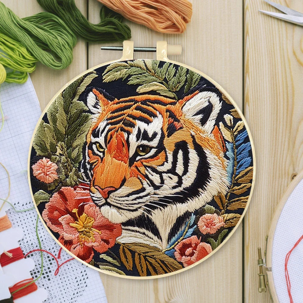 Alloet Tiger Stamped Cross Stitch Kit With Hoop Thread