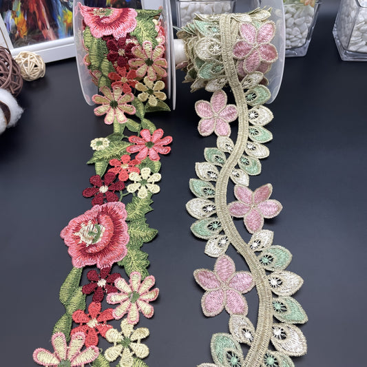 2 Yards/72 Inches Colorful Floral Embroidery Water-Soluble Lace Trim - DIY Handmade Hanfu, Qipao, Bag Fabric Accessory, Rose and Small Flower Water-Soluble Lace Trim Series, Colorful Embroidered Lace Strips for Clothing, Unde