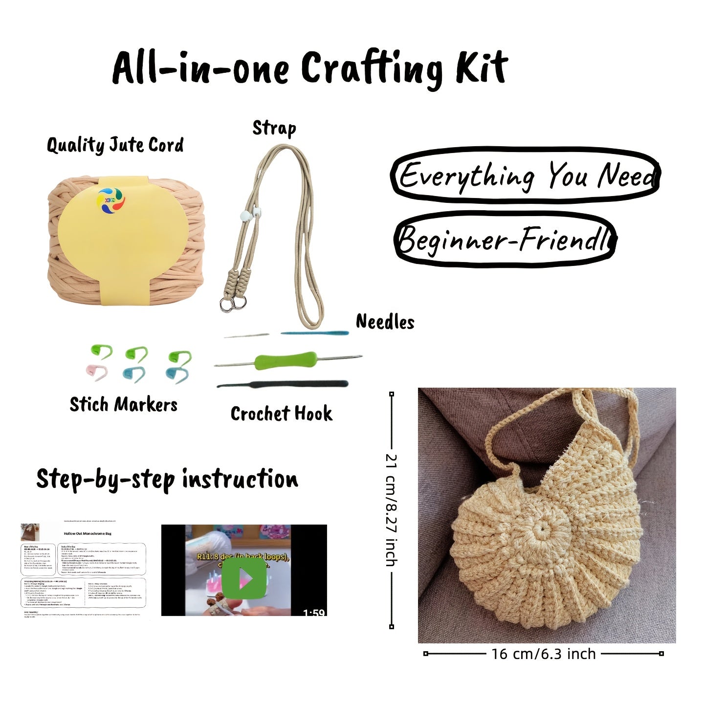 Seashell Crochet Bag Kit With Jute Cord Hook Boho Crossbody