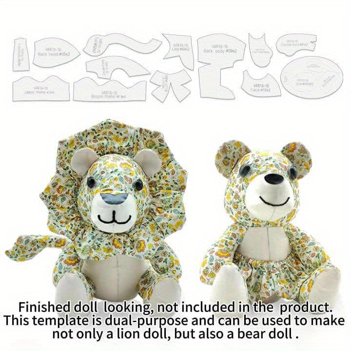 13pcs Lion & Bear Dual-Purpose Sewing Templates - Transparent PET Plastic Stencils for DIY Doll Making, Handmade Crafts, Birthday & Holiday Gifts with English Instructions, Floral Patterns, Precise Cutting, Craft Supplies, Gi