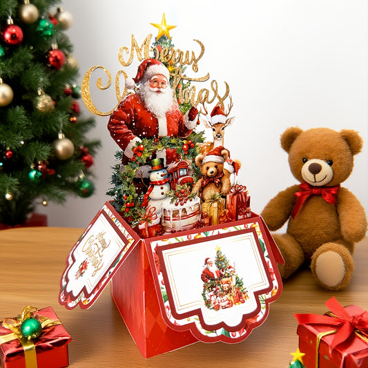 Vintage Pop Up Christmas Card With Santa Reindeer 3D