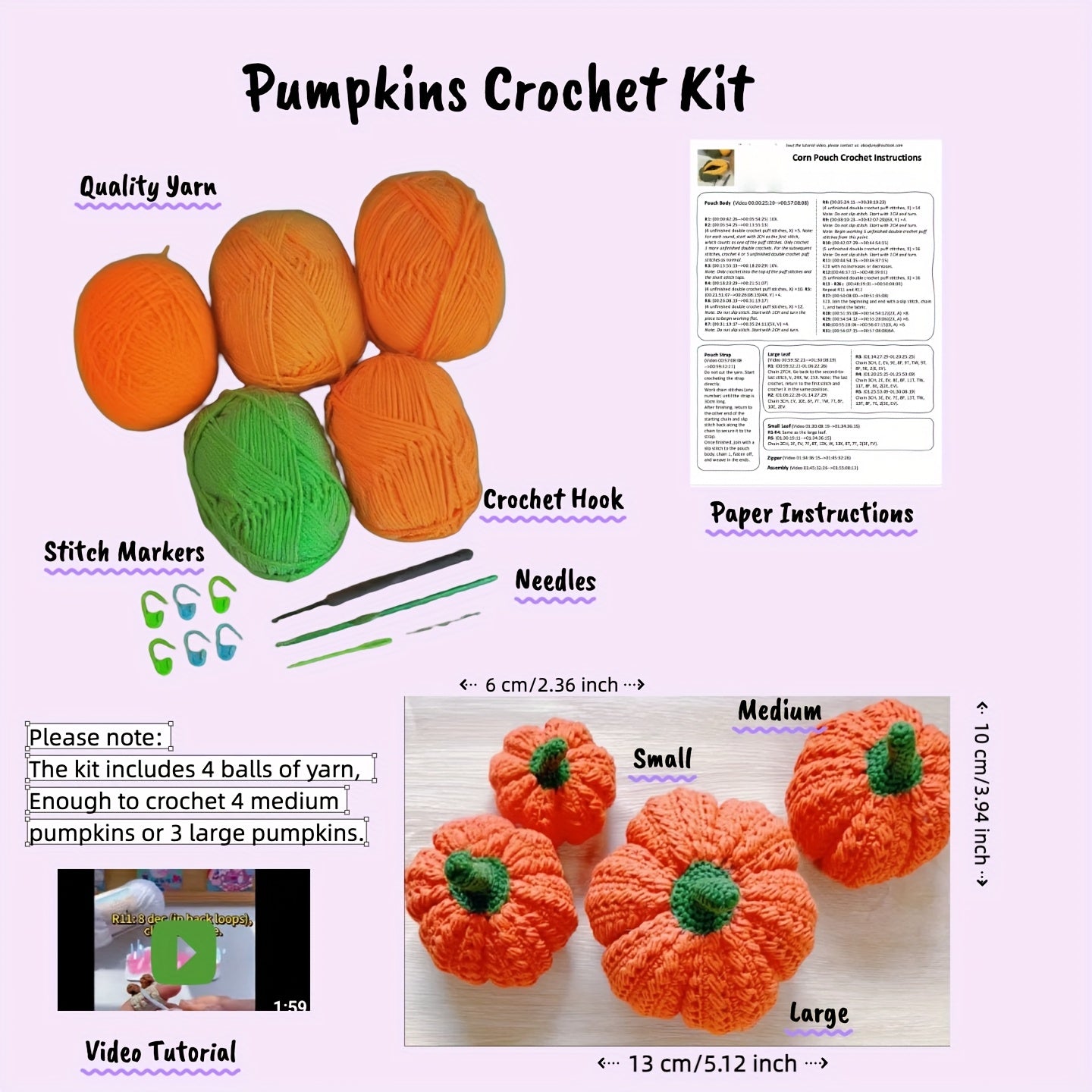 Pumpkin Crochet DIY Kit Yarn Stuffing Hook Craft Set